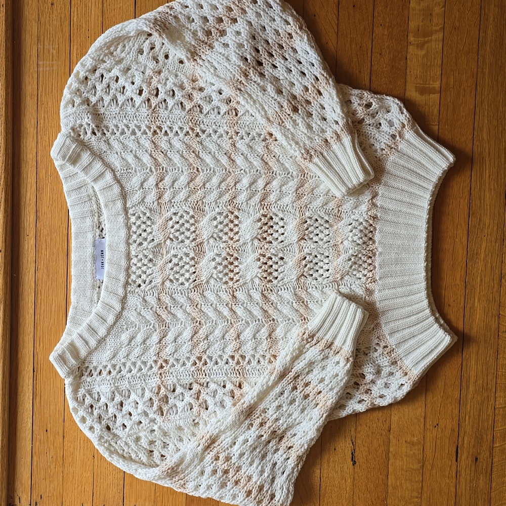 John + Jenn, Cream & Tan, Open & Cable Knit Cropped Sweater, EUC, Women's S